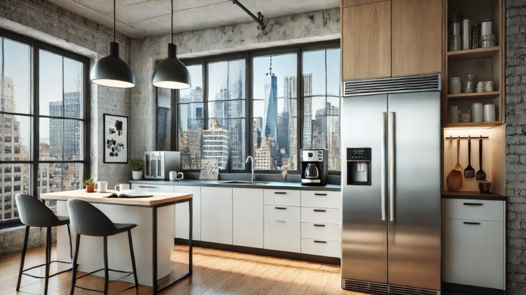 modern office kitchen in New York City featuring a sleek stainless steel refrigerator