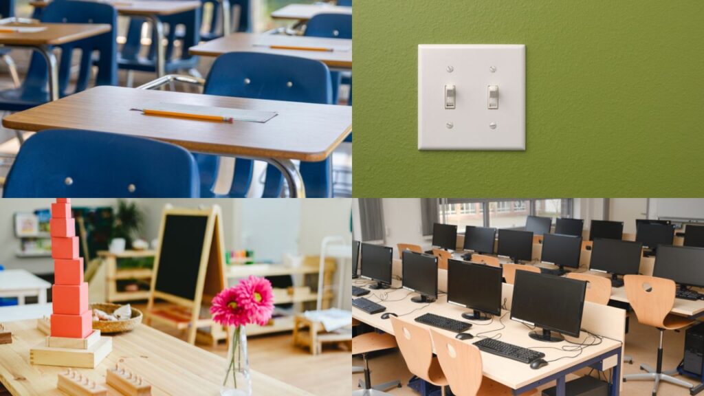 clean and healthy classroom with its objects such and desk and chairs, lightswiches, toys and computers