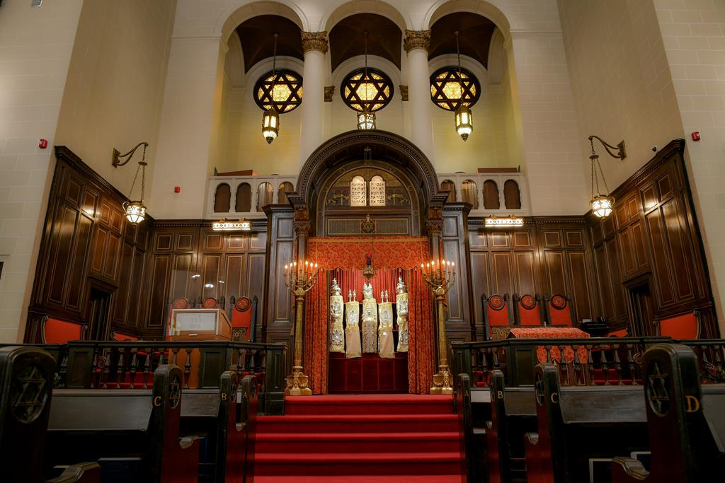 red and dark wood synagogue