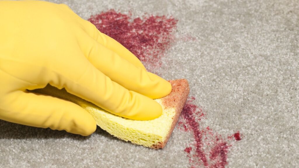 stain removal, a hand wearing a cleaning glove wiping a red stain with a yellow sponge