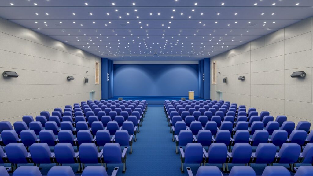 event center with blue chairs