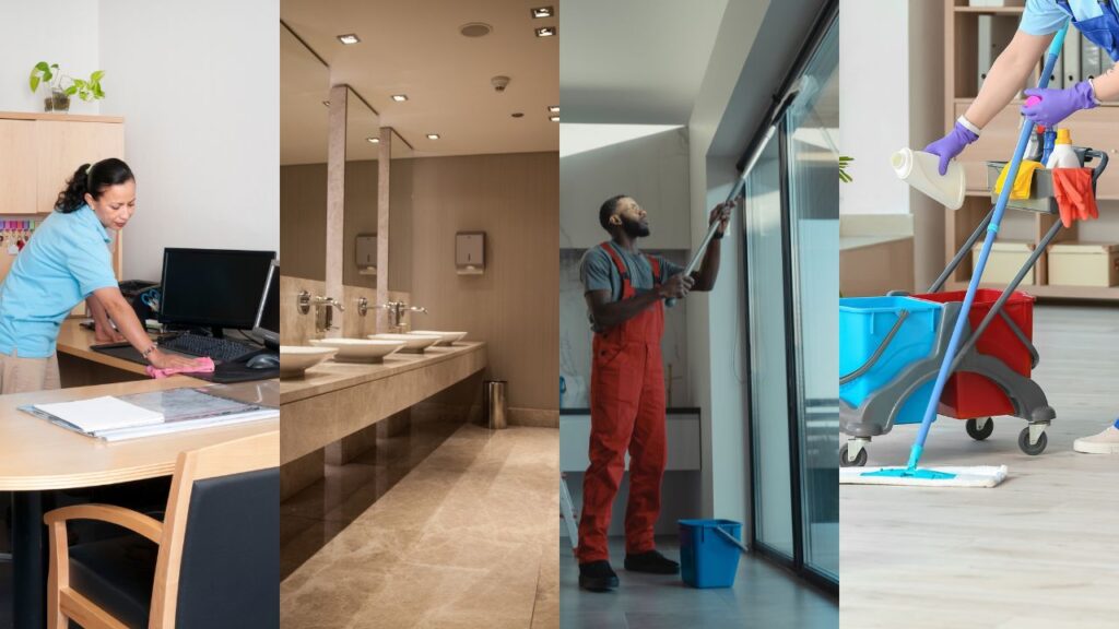 building maintenance cleaning services like surface dustinf and polishing, restroom cleaning and sanitizing, window washing and floor care