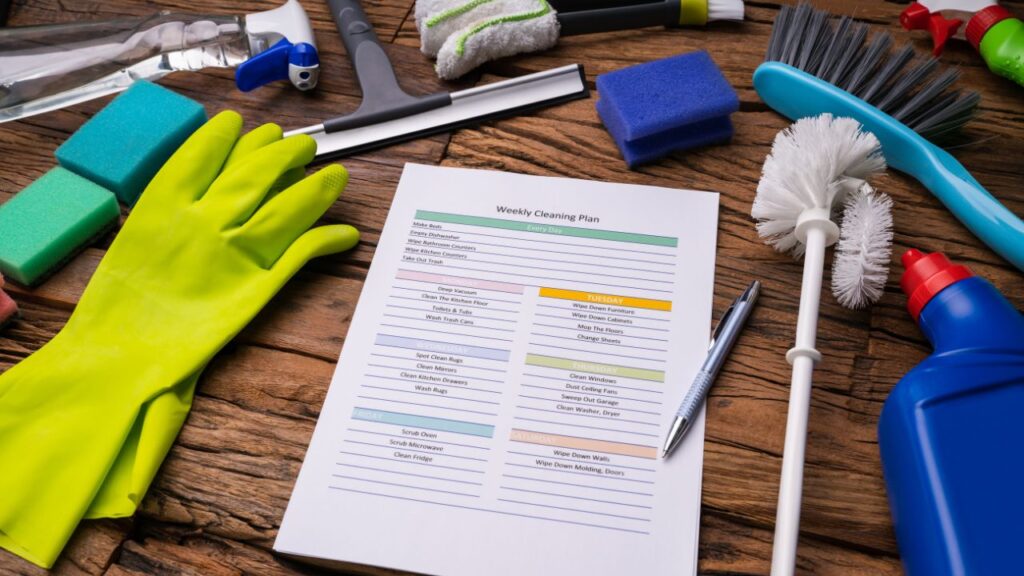 wood table with cleaning supplies and a cleaning plan sheet for weekly cleaning displaying good organization tips