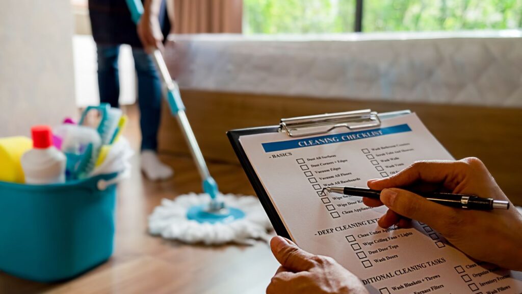 cleaning schedule checklist with a staff mopping the floor behind