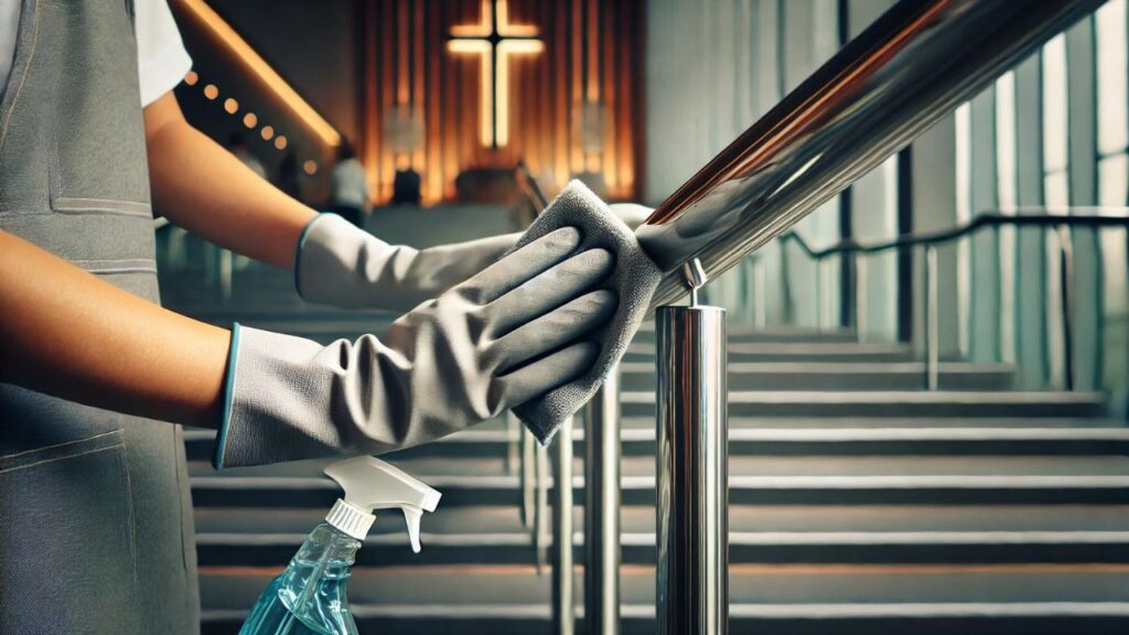 close up of the hands of a professional cleaning staff wiping down a stair railing with a cloth