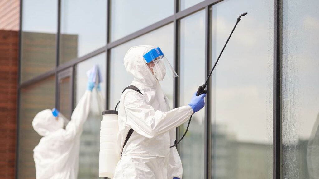 two people cleaning a window from the outside, on holding a cloth and the other a disinfector