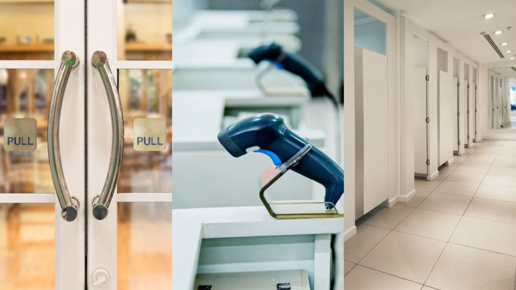 three photos, on the left, a double door handle written pull, the middle one, a checkout counter with a scanning machine and on the right a few doors to dressing rooms inside a retail shopping store