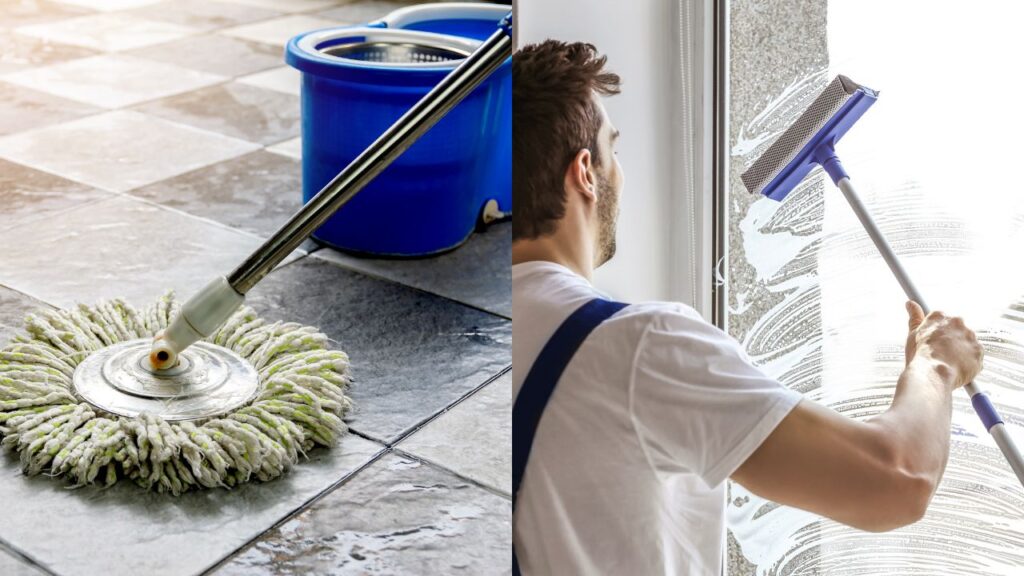 first image is a close up of a mop scrubbing a tile floor, second image is of a male cleaning staff swiping excess soap of a window wich shows good organization tips