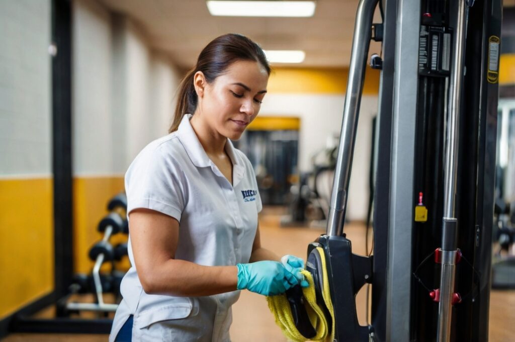 female gym cleaning staff wiping down high-touch equipment