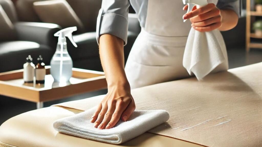 close up of the hands of a female cleaning staff wiping down a massage table at a wellness clinic