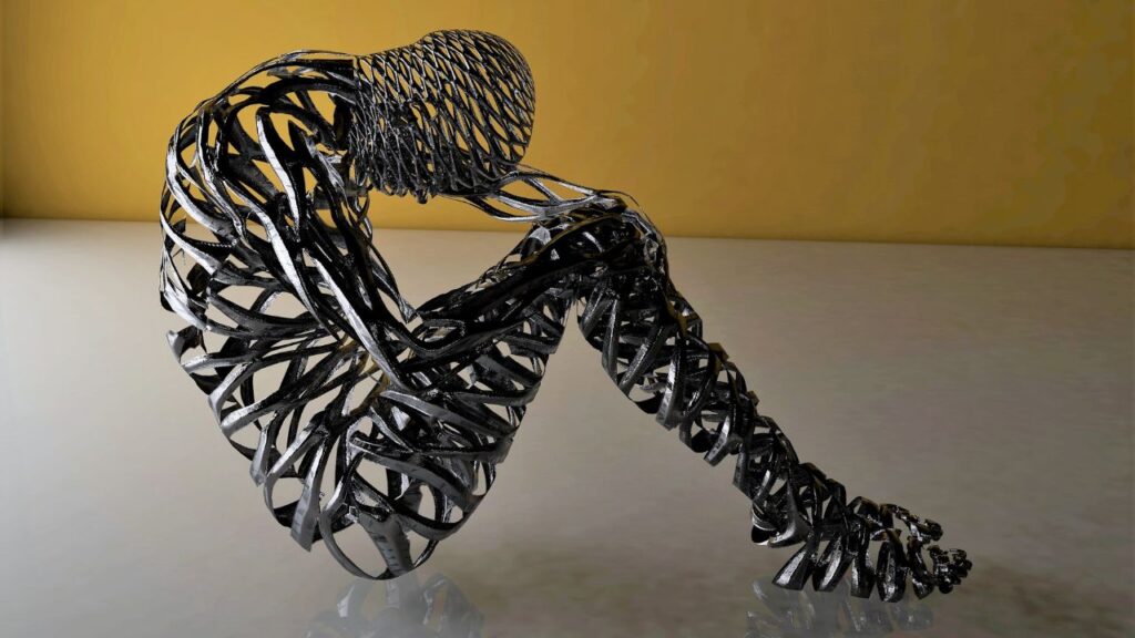 metal sculpture on a person, but the person is made of strips and is hollow