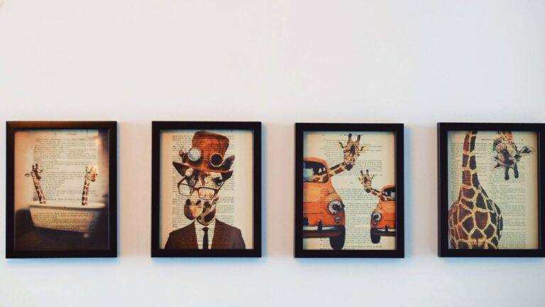 mixed media artwork consisted of frames of images of animals painted on book pages