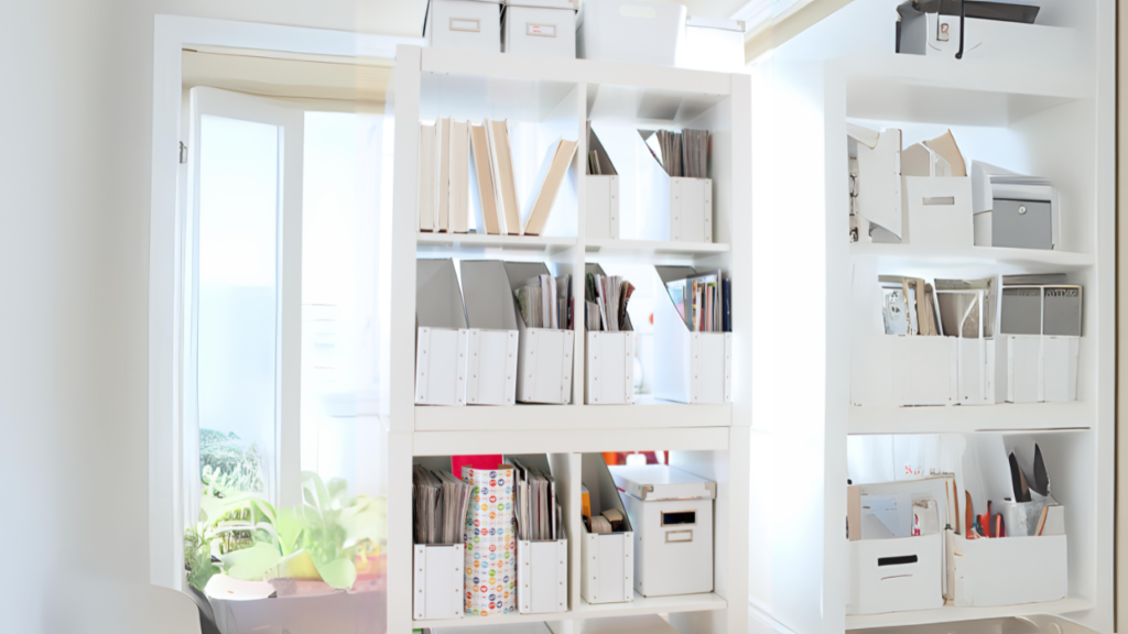 de-clutter your office space with containers to store what is not necessary