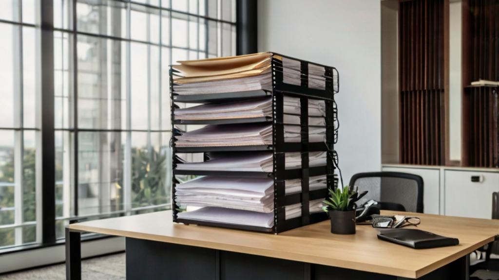 paper sorter on top of an office desk with differt typer of paper