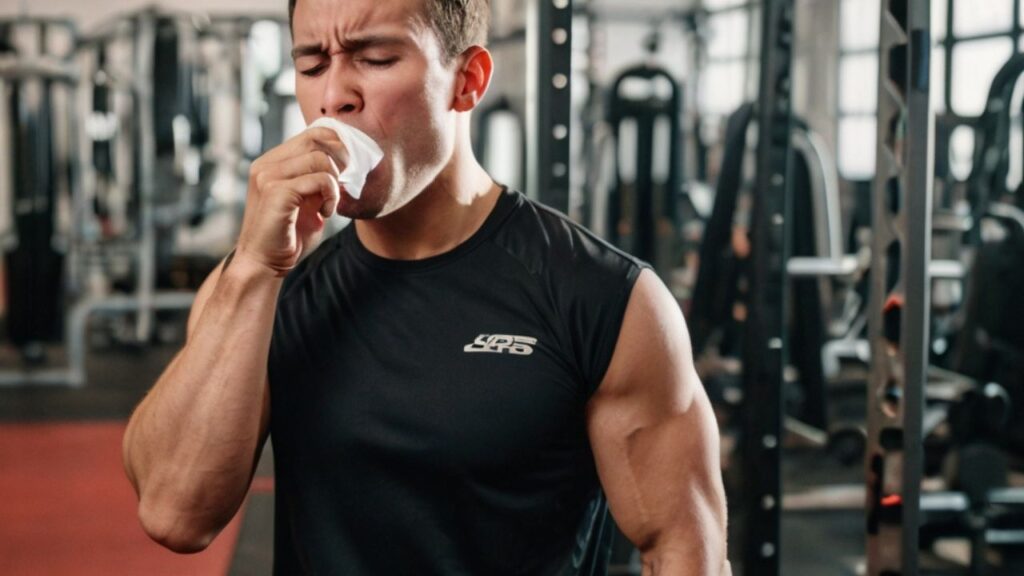 men inside a gym coughing into a tissue