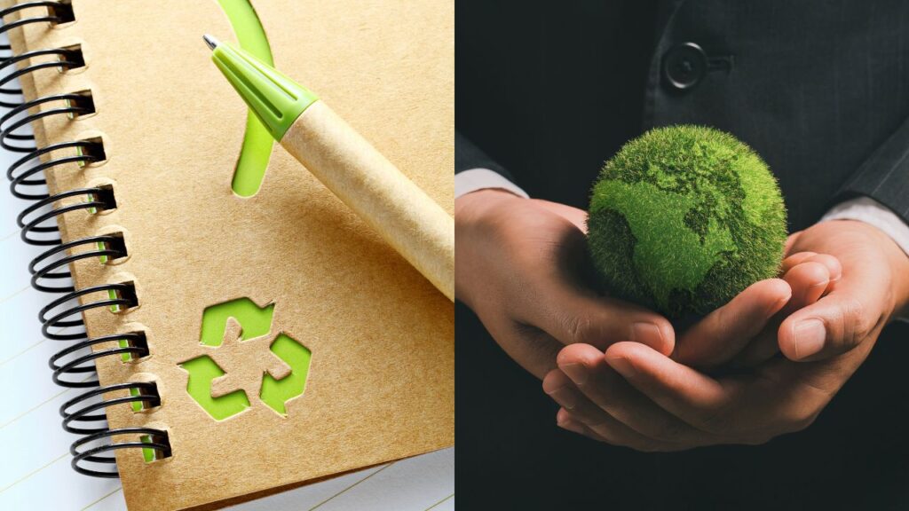 first picture is of a notebook made of recycled paper and the second is of a man holding a green Earth globe in his hands