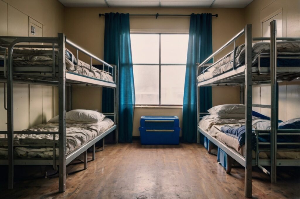 a room wit four bunkbeds lines up next to each other showing the importance of regular cleaning in shelters