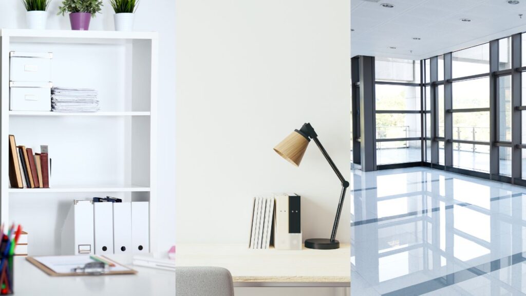 left picture displays a white bookshelf with folders, books and documents of a office setup, middle picture is the surface of a office desk with a white wall behind and right picture is of floor to ceiling windows and clean floor of an office space