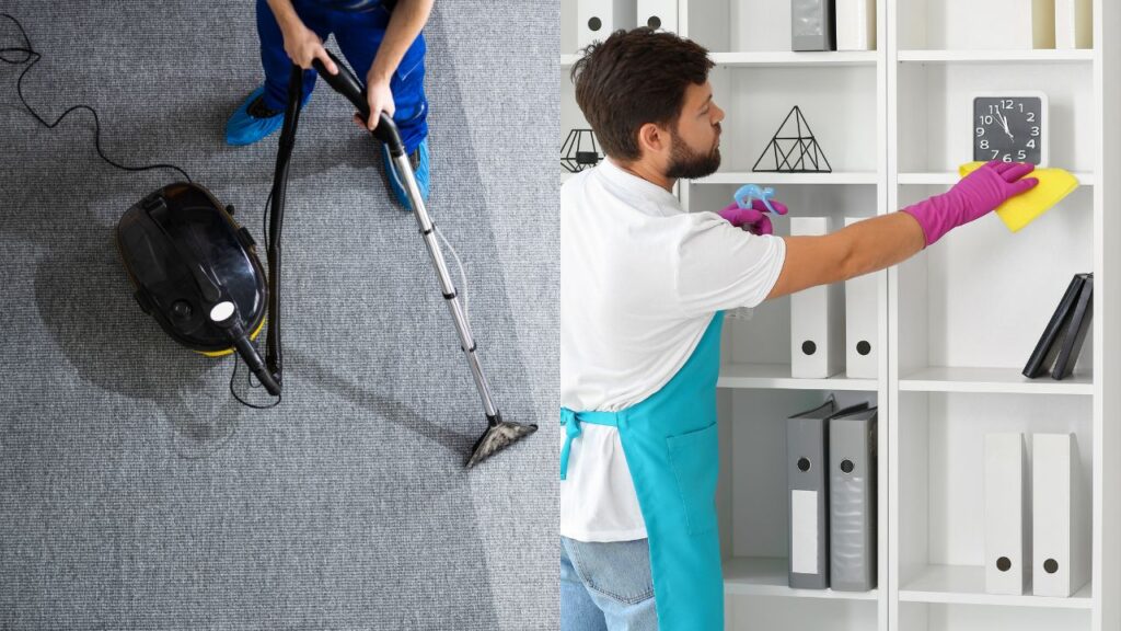 on the left an image of a person cleaning a carpet with a vaccum machine, and on the right, a male cleaning staff wiping down shelves in an office highlighting the importance of cleaning frequency in medical offices