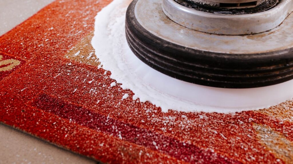 red carpet being cleaned using the shampooing method