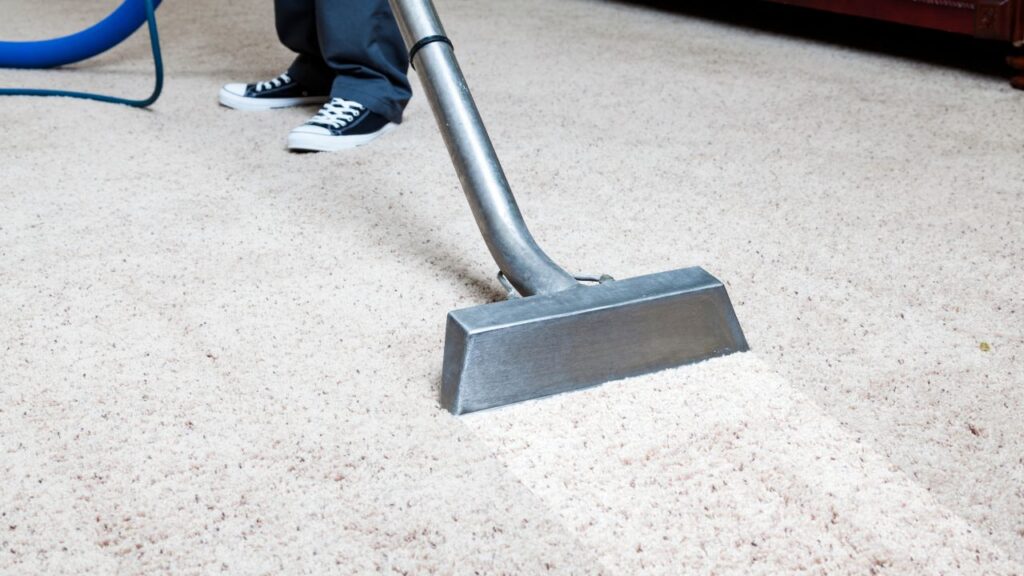 off-white carpet being cleaned using the dry cleaning method