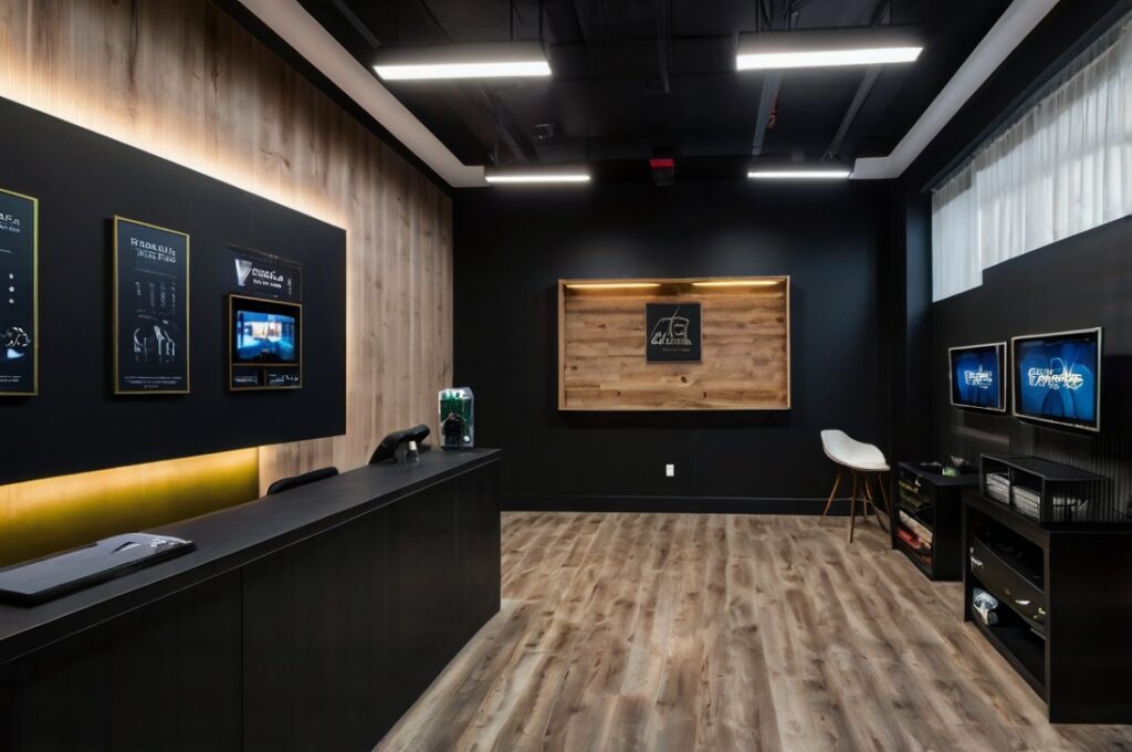 fitness studio reception area cleaning with a desk and computers as well as a lobby space with a chair