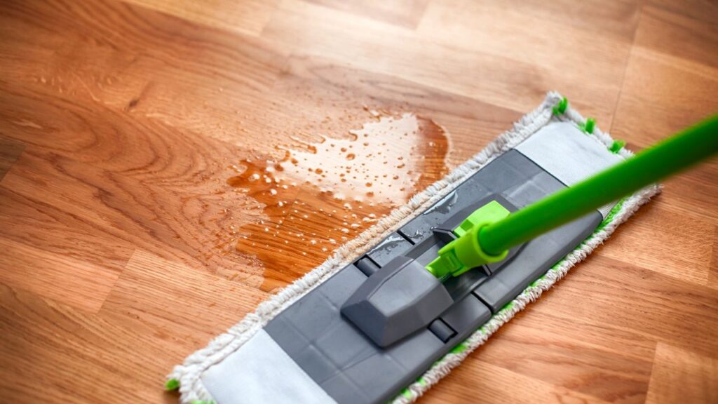 mop on a wood floor cleaning up a spill of water