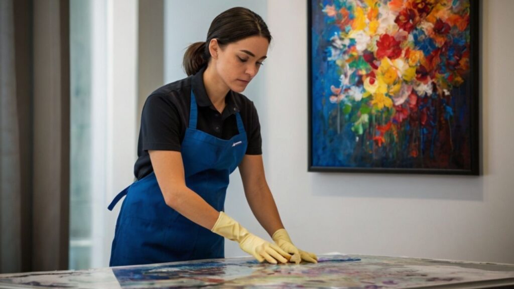 female cleaning staff in uniform wiping down the protective glass of a painting in an art gallery