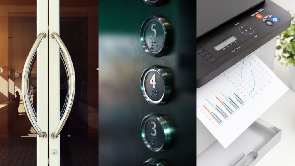 image of high-touch elements on an office, such as door handles, elevator buttons and printers. Making sure this objects are clean ensures an year-round office cleaning