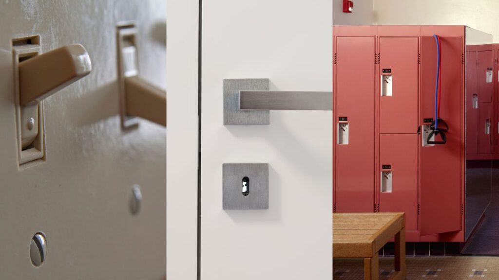 montage with an image of a light-swich, a door handle and a locker with a bench in front