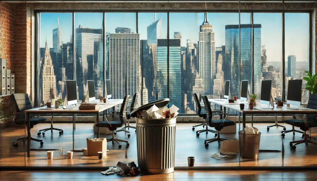 overflowing small basket trash bin on the office with new york city view