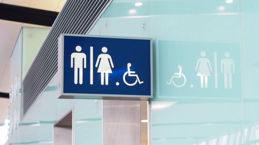 a restroom sign with the male, female and desabled simbols on it