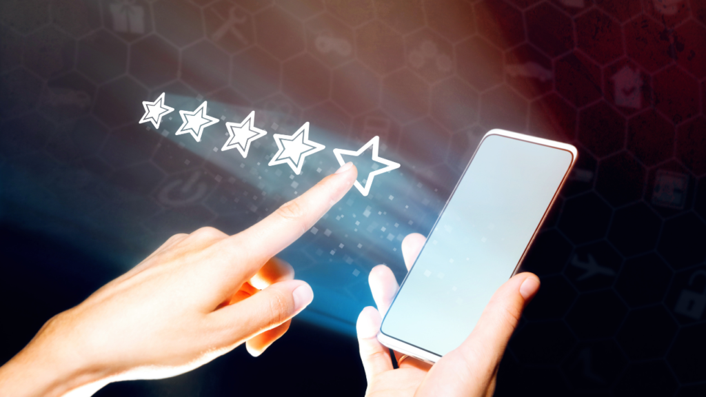 woman rating five stars on phone app