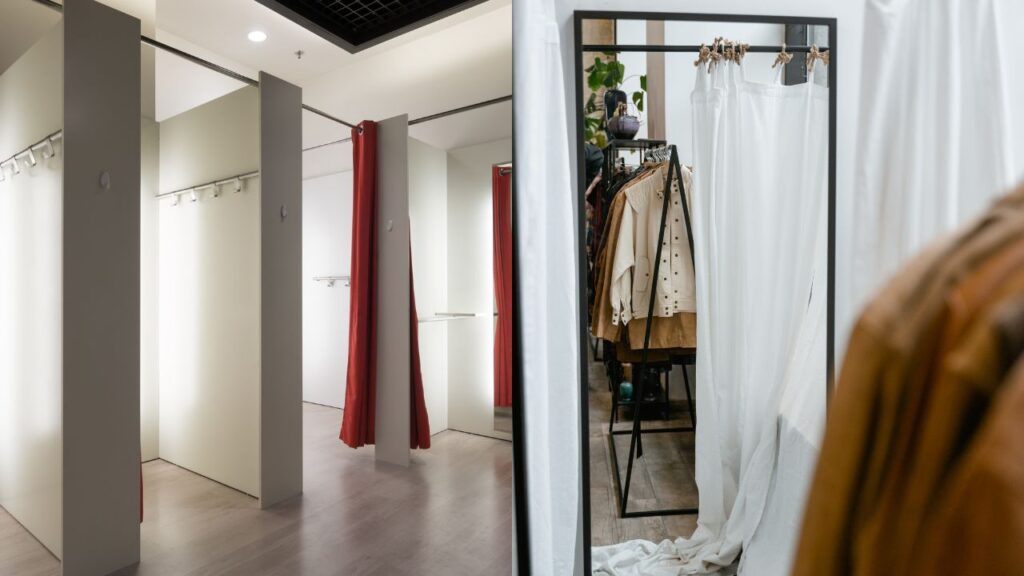 image of a few changing rooms side by side and a close up of a mirror inside a changing room