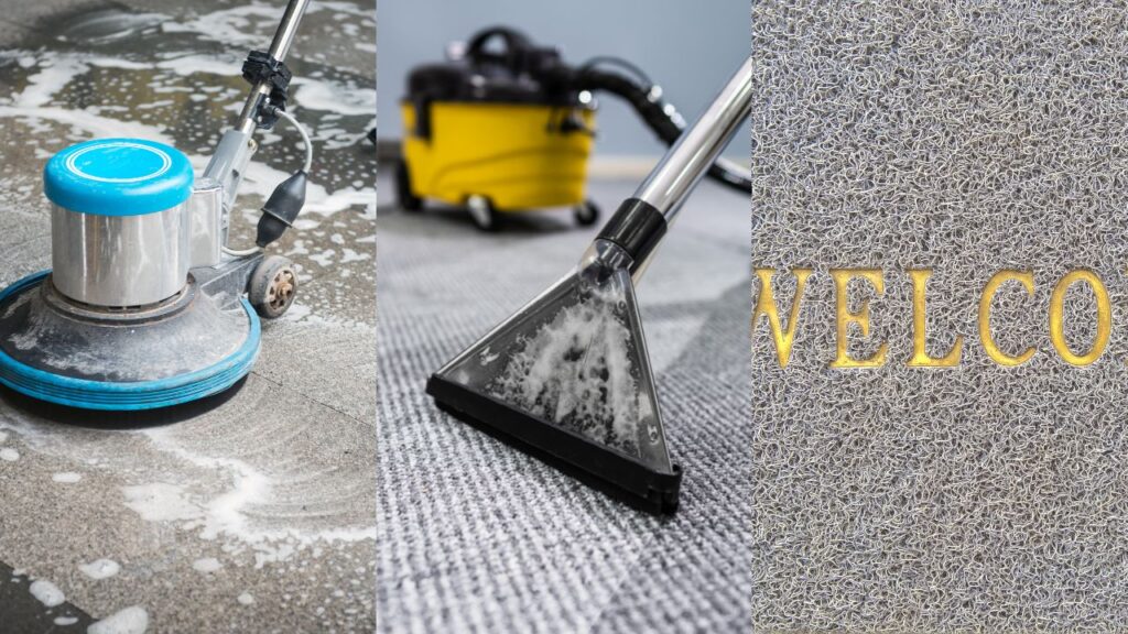 images of a stone floor being washed and cleaned, a carpeted floor being vaccumed and a welcome mat