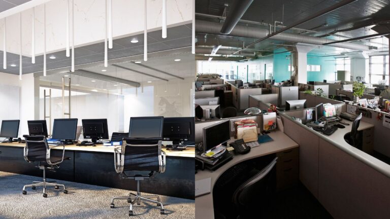 image of an open office space vs a picture of an office with partitions