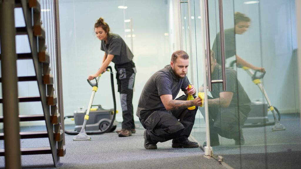 wiping glass door and vacuuming