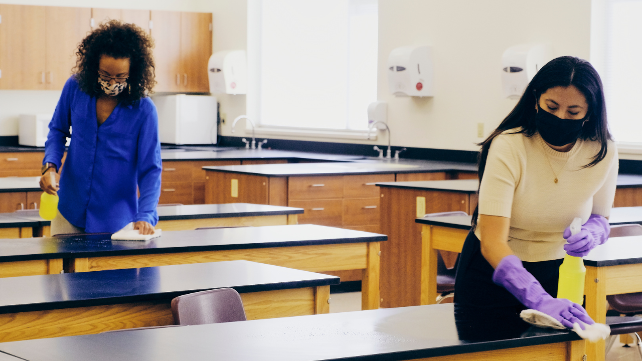 cleaning counter tops in school classroom