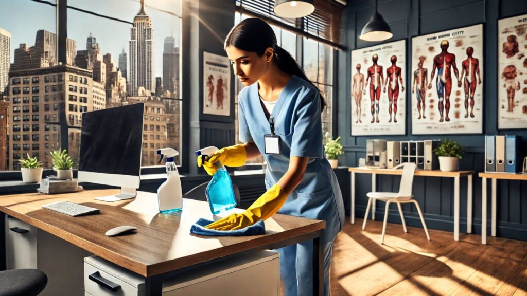 cleaning lady wiping down a desk in a medical office