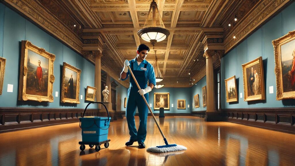 janitor cleaning the floor of an art gallery