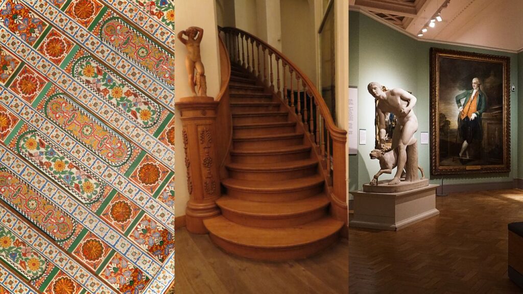 painted ceiling, sculped wooden staircase, sculpture and oil painting