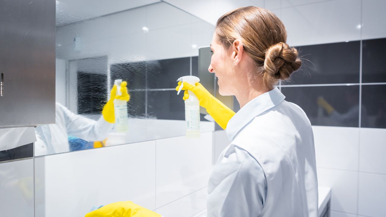 woman cleaning restroom mirror