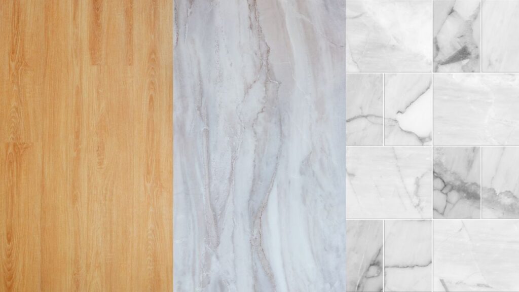 wood, marble, and tile flooring