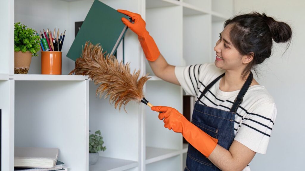 dusting shelves in office