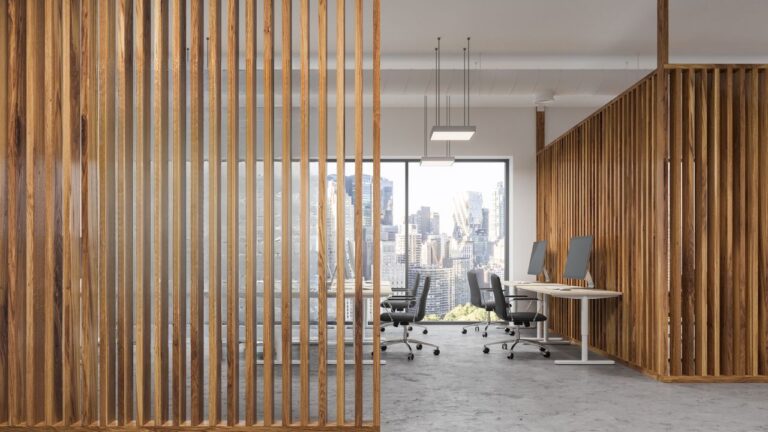 office room with wood strip pannel in big city