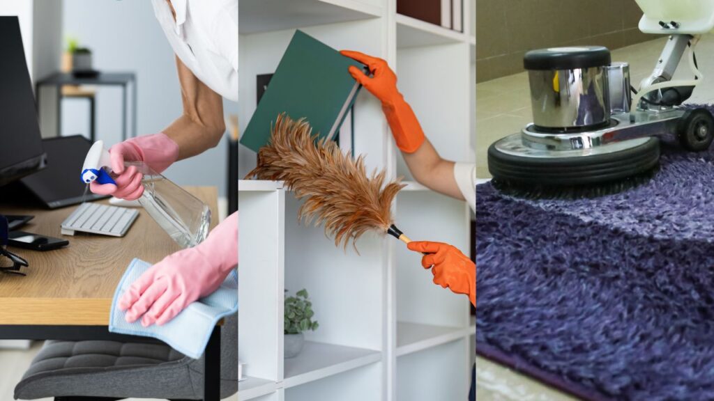 sanitizing desk, dusting shelf and deep-cleaning carpet